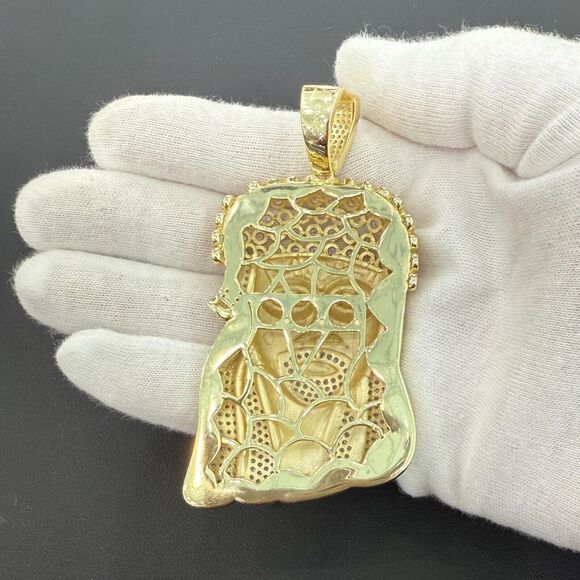 3.3" Large Jesus Head Face Pendant Gold Plated 925 Sterling Silver Mens CZ Charm - Picture 2 of 2
